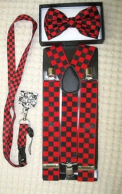 Black&Red Checkers Bow tie,Black&Red Lanyard,& 1 1/2" B&R Checkered Suspenders-2