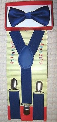 Kids Solid Blue Bow Tie & Blue Adjustable Suspenders Combo Set-New in Package!