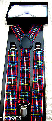 SOLID WHITE TUXEDO ADJ BOW TIE+RED BLUE PLAID ADJUSTABLE SUSPENDERS COMBO!!