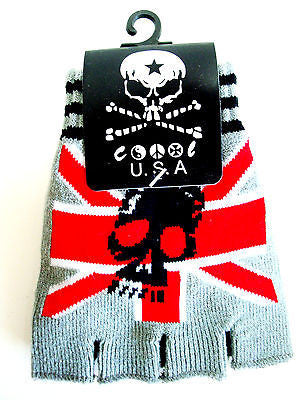 NEW BRITISH PUNK FLAG SKULL STRIPES CUTOFF FINGERLESS GLOVES GRAY RED BLACK-NEW!