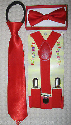 Kid's Boys Girls  Red Adjustable Bow Tie,Red Neck Tie & Red Y-Back Suspenders