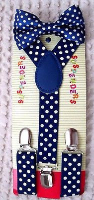 Kids Boys Girls Blue with White Polka Dots Adjustable Y-Back Suspenders-New!