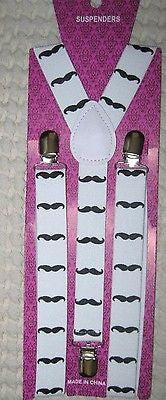 Black Mustaches on White SUSPENDERS Y-Back Adjustable Suspenders-Brand New!
