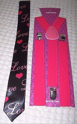 Pink Love Hearts Necktie,& Solid Pink Y-Back Suspenders Combo-Brand New in Pkge!