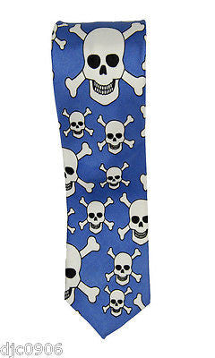 Unisex Blue with White Skulls & Crossbones Neck tie 56" L x 2" W-Skulls Tie-New