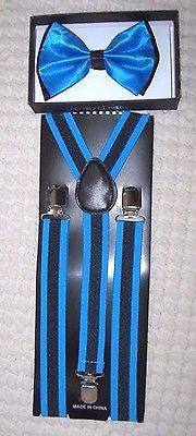 French Blue Adjustable Bow Tie,Neck Tie, & Black+French Blue Stripes Suspenders