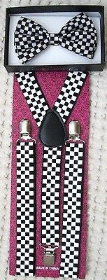 BLACK WHITE CHECKERED Adjustable Bow tie&Adjustable Y-Back Suspenders Combo-New4