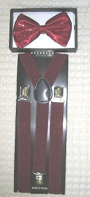 Burgundy Sequin Adjustable Bow Tie & Burgundy Y-Back Adjustable Suspenders Combo