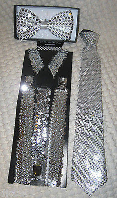 Blue Sequin Adjustable Bow Tie,Neck tie & Blue Glittered Suspenders Set-New !