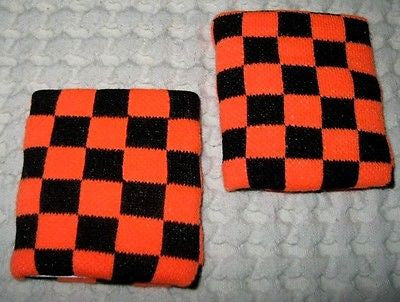 Neon Orange and Black Checker Checkered Diamonds Wristbands Sweatbands PAIR-New