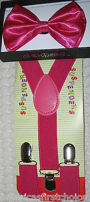 Kid's Boys Girls Pink Adjustable Bow Tie & Neon Pink Y-Back suspenders-New!