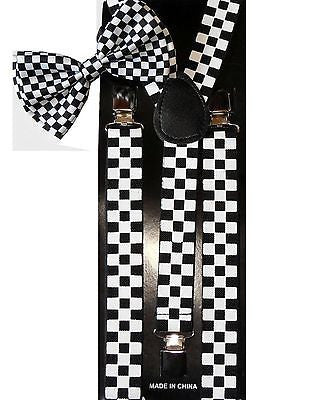 BLACK WHITE CHECKERED Adjustable Bow tie&Adjustable Y-Back Suspenders Combo-New2