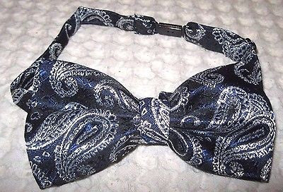 NAVY BLUE SILVER PAISLEY PATTERN RETRO TUXEDO ADJUSTABLE  BOW TIE BOWTIE-NEW!