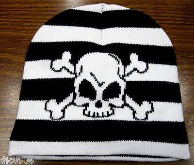 White Skull Cross Bones White&Black Strips Winter Knitted Skull Beanie Ski Cap