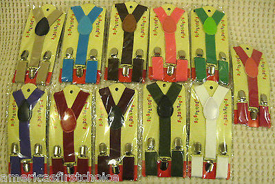 BOYS GIRLS KIDS CLIP-ON Y-Back Elastic Suspenders 1.5CM WIDTH Set of 10 all clrs