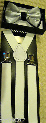 Gray Silver Black Tips Adjustable Bow Tie&WHITE Adjustable Suspenders Combo-New