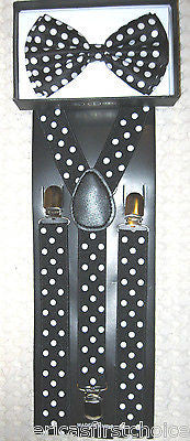 Black White Polka Dot Bow Tie&White Polka Dot Adjustable Y-Back Suspenders--New!