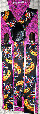 Solid Black Adjustable Bow Tie & Crazy Clowns Flames Hair Suspenders Combo-New