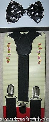 Kids Boys Girls Musical Notes Adjustable Bow Tie & Black Y-Back suspenders-New!