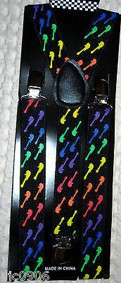 Unisex Adult Kid Multi Color Guitars on Black Adjustable Y-Style Back suspenders