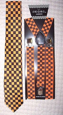 Orange & Black Checkered Necktie and Orange&Black Checkered Y-Back Suspenders-V2