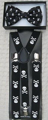 SKULLS&CROSSBONES TUXEDO ADJUSTABLE BOW TIE+WHITE ADJUSTABLE SUSPENDERS COMBO!