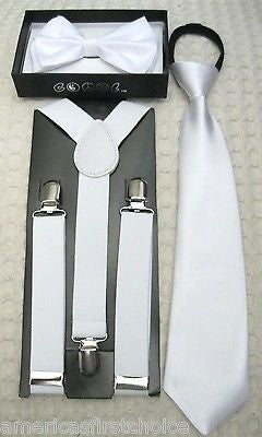 Kids Teens White Adjustable Bow Tie,NeckTie & White Adjustable Suspenders Set