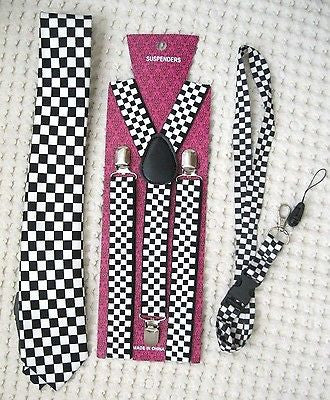 Black&White Checkers Necktie and 1" Black&White Checkered Y-Back Suspenders-V1