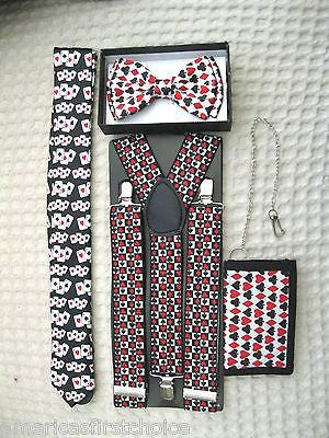 Poker Player Cards NeckTie,Poker Adjustable Suspenders, and Poker Bow Tie Combo