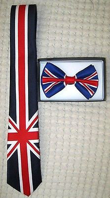 UK British Flag Skinny Neck Tie & UK British Adjustable Bow Tie Combo-A8