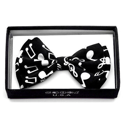 UNISEX BLACK WITH WHITE MUSICAL NOTES ADJUSTABLE STRAP BOW TIE-NEW GIFT BOX!