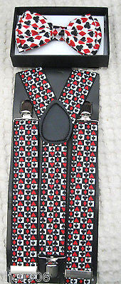 Poker Player Cards 4 Suite Bow Tie,Poker 1 1/2" Suspenders,Poker Neck Tie-New!v4