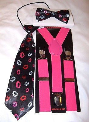 Kids Teens Lips Kisses Bowtie and Necktie with Red Adjustable Suspenders Set