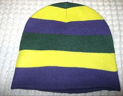 Mardi Gras Purple,Yellow,&Green Stripes Winter Knitted Skull Beanie Ski Cap-New