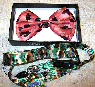 Pink Camo Adjustable Bowtie & Green Camo Lanyard ID Holder Combo-New in Package!