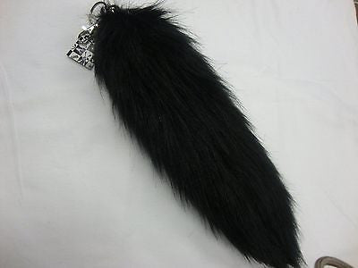 SOLID BLACK FOXTAIL KEYCHAIN RING PURSE TASSLE BELT CLIP 10"-12"-BRAND NEW!