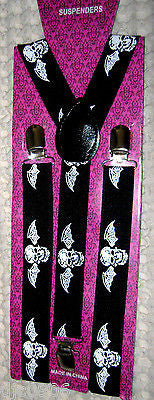 Solid Black Adjustable Bow Tie&White Skulls Wings on Black Suspenders Combo-New