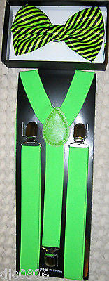 Neon Yellow Green Striped Adjustable Bow Tie & Neon Green Adjustable Suspenders