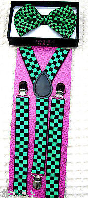 Punk Green Black Checkers Adjustable Bowtie+Green Checkers Suspenders Combo-New