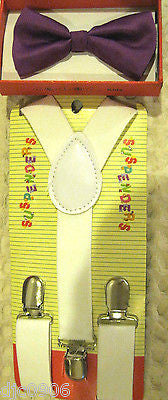 Green Kids Boys Girls Y-Style Back Adjustable Bow Tie & White Kid suspenders-New