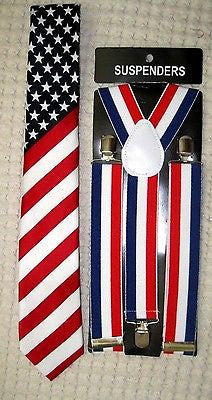 US Flag American Flag Suspenders,Lanyard,Tie &Red,White,Blue Stripes Bow Tie-v9