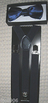Solid Navy Blue Adjustable Bow Tie & Solid Blue Adjustable Suspenders Combo-New