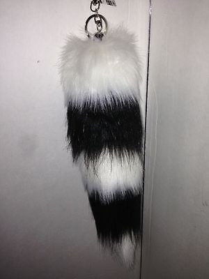 BLACK AND WHITE STRIPES FAUX FOX TAIL FOXTAIL KEYCHAIN 12" CLIP-BRAND NEW!