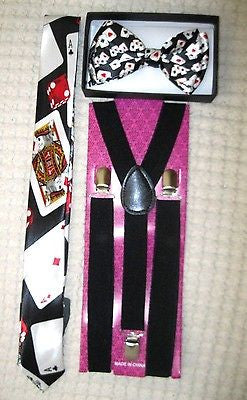 Poker Player Cards Adjustable Necktie and Black 1 " Adjustable Suspenders-v3