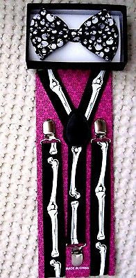 Unisex Small Skulls Adjustable Bow tie & Skeleton Bones Adjustable Suspenders