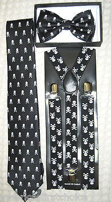 Unisex Small Skulls Crossbones Bow tie, Skulls Neck Tie,& Suspenders Combo Set