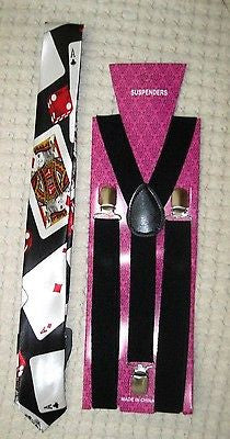 Poker Player Cards Adjustable Necktie and Black 1 " Adjustable Suspenders-v1