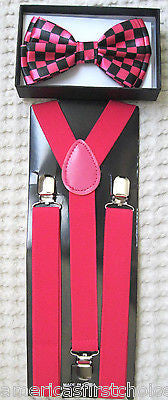 PINK BLACK END TIPS TUXEDO ADJUSTABLE BOW TIE+BLACK PINK CHECKERS SUSPENDERS SET