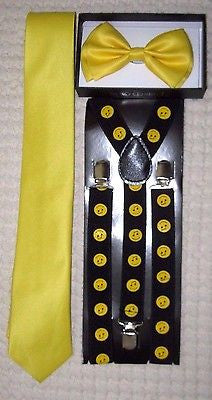 Yellow Adj Bow tie,Yellow Necktie and Black&Yellow Checkers Checkered Suspenders