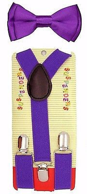 Solid Purple Kids Boys Girls Y-Back Adjustable Bow Tie & Purple Kid suspenders-2